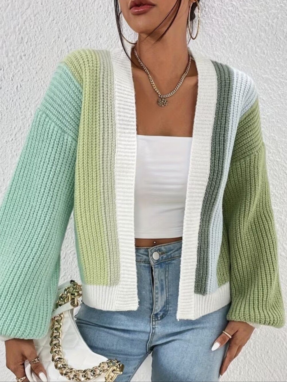 Casual Loose-Fit V-Neck Long-Sleeve Sweater Cardigan Jacket, Color-Blocked Youth